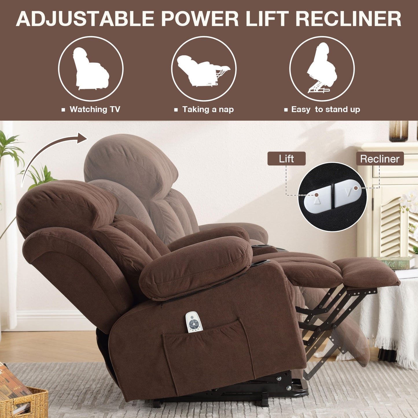 BOSMILLER Power Lift Recliner Chair with Heat and Massage Electric Fabric Recliner Chair for Elderly with Side Pocket, USB Charge Port, Remote Control for Living Room (Deep Brown)