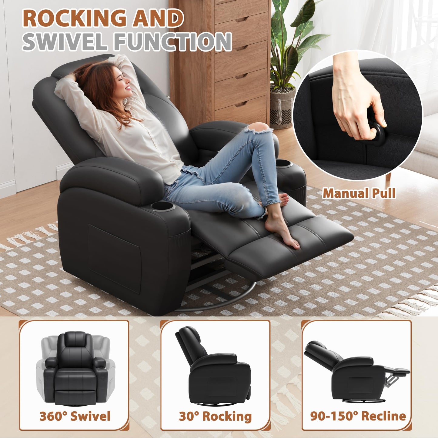 Flamaker Swivel Rocker Recliner Chair with Vibration Massage, 360° Swivel Recliner Chairs for Adults Ergonomic Lounge Chair with Cup Holders Lazy Boy Recliner Single Sofa Seat (Leather, Black)