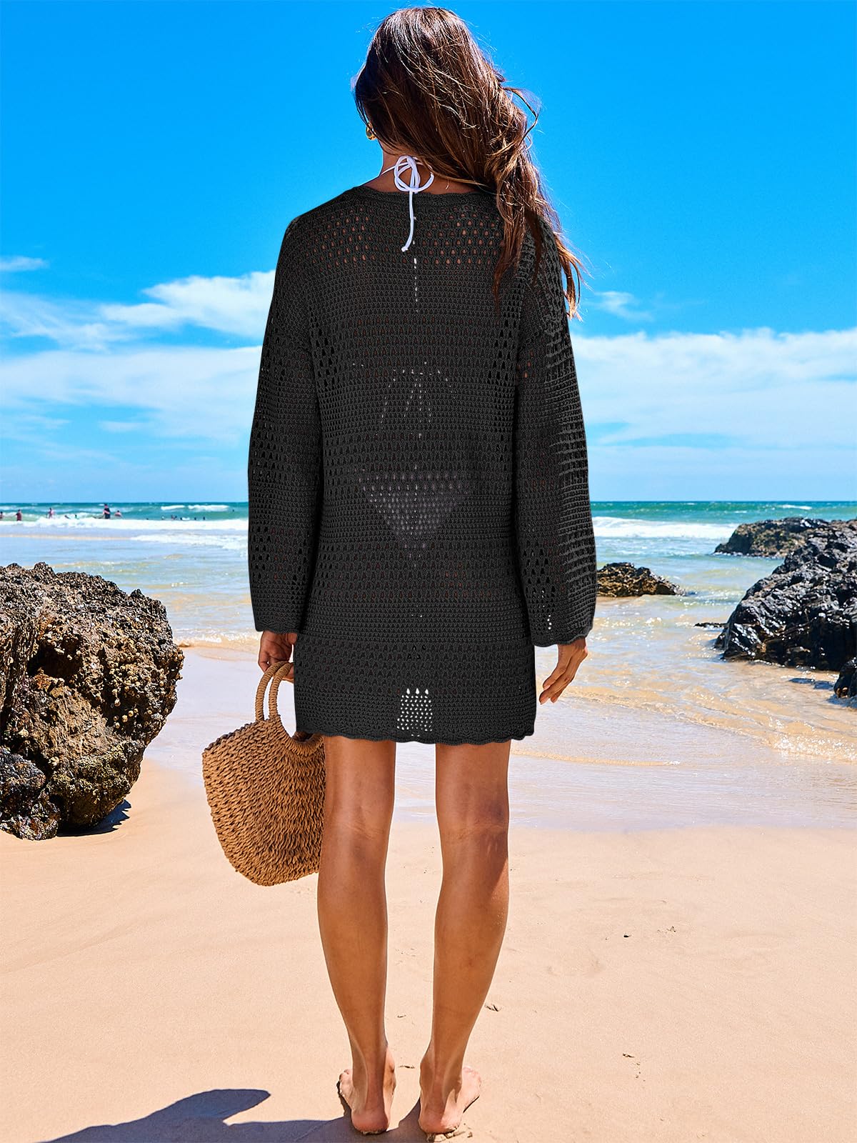 ANRABESS Women Swimsuit Crochet Swim Cover Up 2024 Summer Bathing Suit Swimwear Mesh Knit Beach Dress Vacation Outfits Black Small