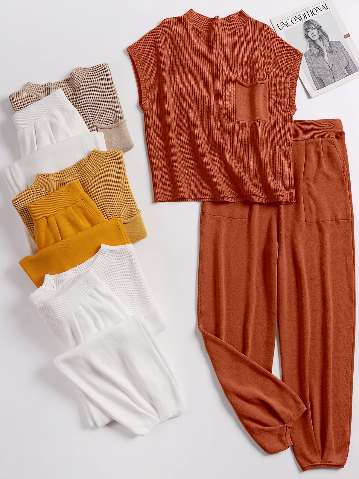 ANRABESS Women's Two Piece Outfits Knit Sweater Pullover Crop Top & Pants Lounge Matching Tracksuit Sweatsuit Sets 2024 Trendy Loungewear Clothes Rust Small