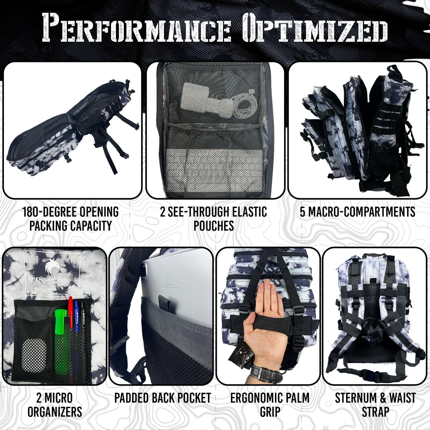AMERICANPHOENIX 45L Elite Tactical Backpack | 3X Stronger Work & Military Backpack | Water Resistant and Heavy Duty | 3 Day MOLLE Bug Out Bag (Black Ice)