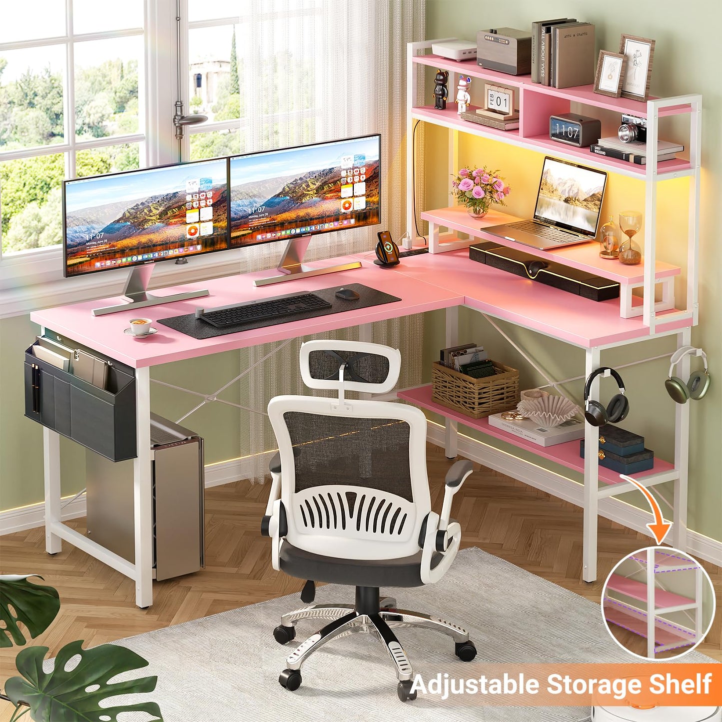 Aheaplus L Shaped Gaming Desk with Power Outlets & LED Lights, Small L- Shaped Desk Computer Corner Desk with Monitor Stand & Storage Shelf, Home Office Desk Writing Desk with Storage Bag, Pink