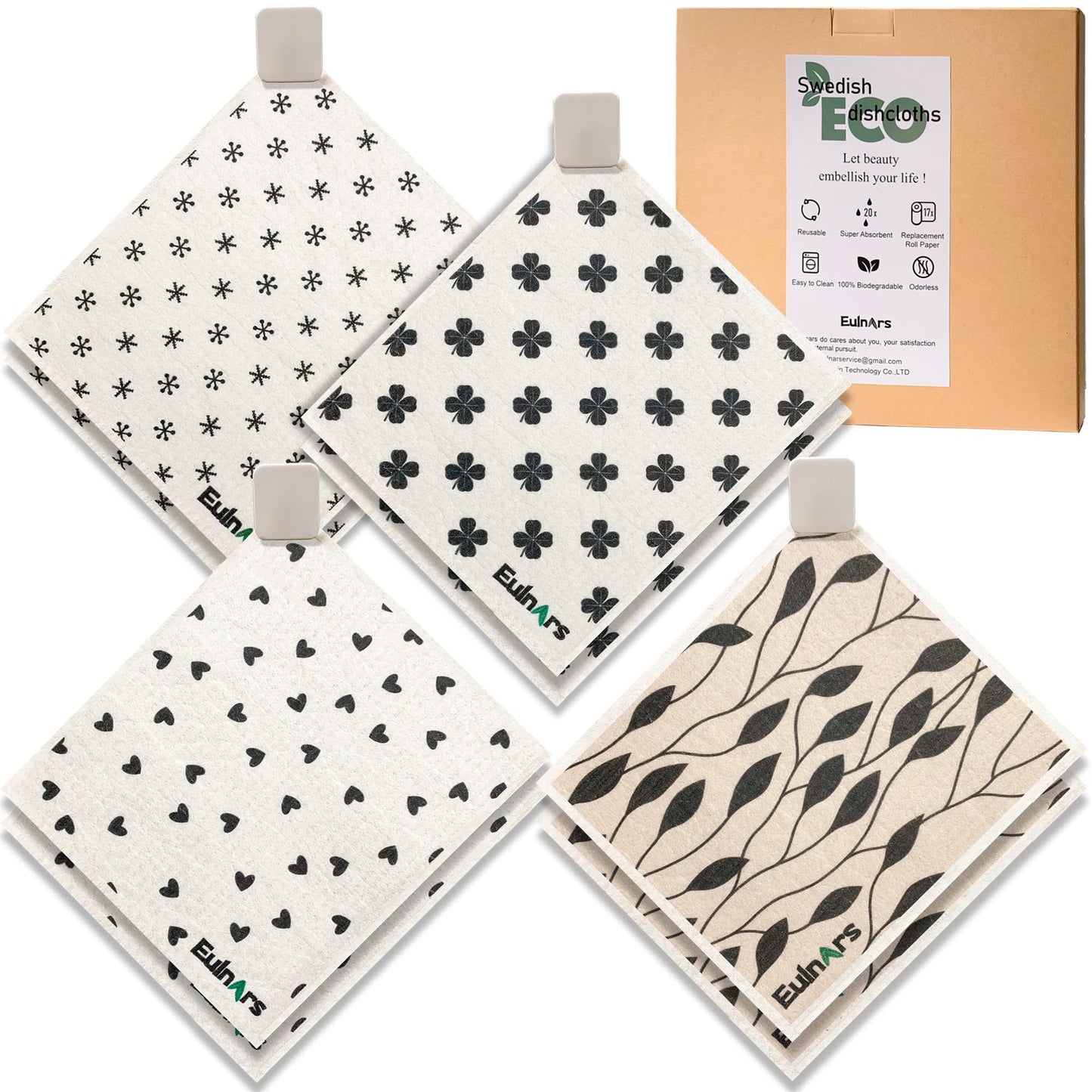 Swedish Dishcloths for Kitchen, 8 Pack Reusable Paper Towels with Clips, Non-Scratch Swedish Kitchen Towels, Super Absorbent Cellulose Sponge Cloths, Dishwasher Safe, No Odor