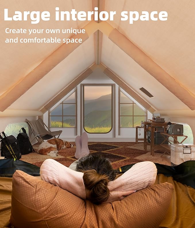 Inflatable Camping Tent with Pump, Luxury Camping Tent, Easy to Set Up, 4-Season Waterproof and Windproof Outdoor Gazebos, Luxury Cabin Tent with Two Doors and Six Windows.