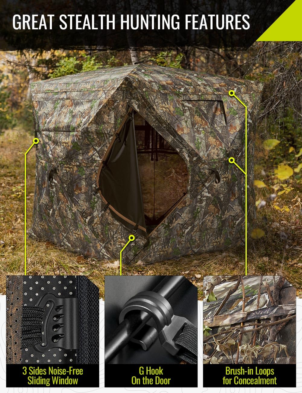TIDEWE Hunting Blind See Through with Carrying Bag, 3-4 Person Pop Up Ground Blinds 270 Degree, Portable Resilient Hunting Tent for Deer & Turkey Hunting (Camouflage)