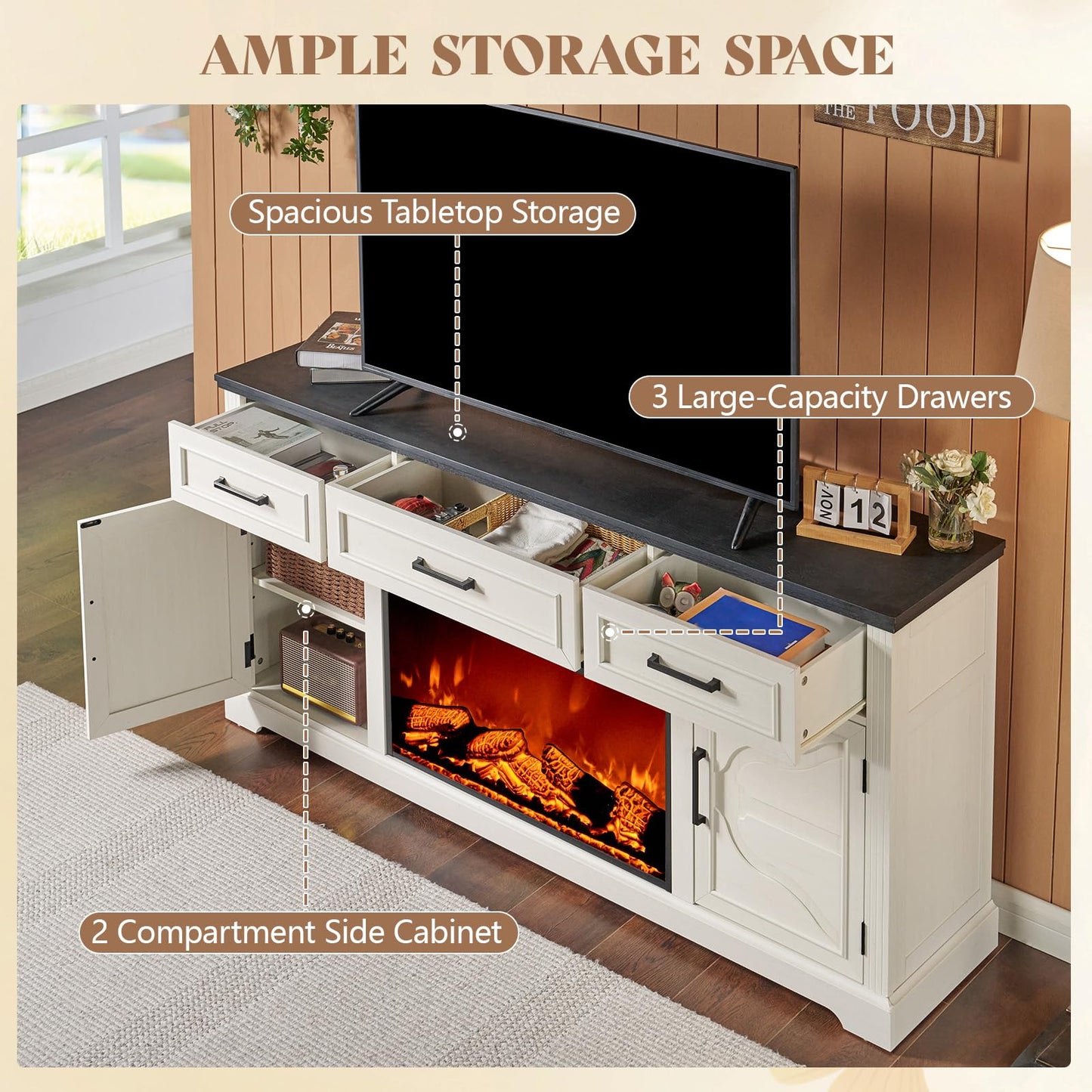 AMERLIFE 70" Farmhouse Fireplace TV Stand, Entertainment Center Table with 30'' Electric Fireplace, TV Console with Storage Cabinet Drawer for TVs Up to 80", Distressed White
