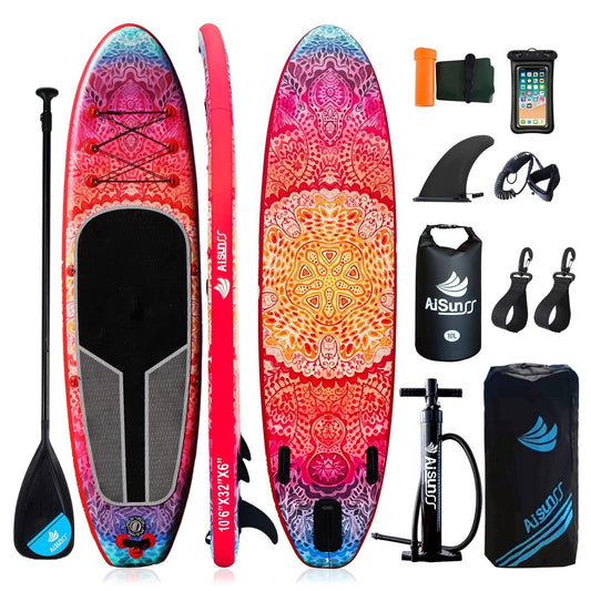 AISUNSS SUP Board 10.6Ft All Around Board Premium iSUP, Yoga Board with SUP Accessories Include Non-Slip mat, Waterproof Phone Bag, Double Action Pump, Adjustable Aluminum Paddle (Red Meditation)