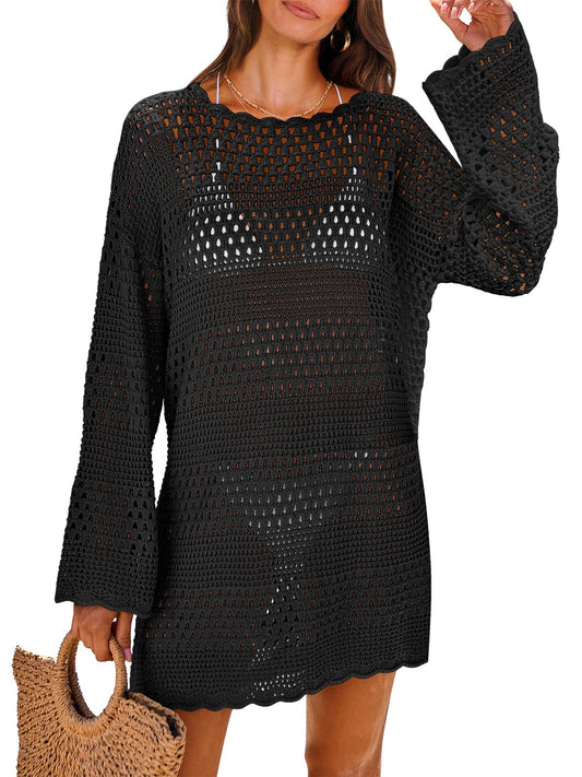 ANRABESS Women Swimsuit Crochet Swim Cover Up 2024 Summer Bathing Suit Swimwear Mesh Knit Beach Dress Vacation Outfits Black Small