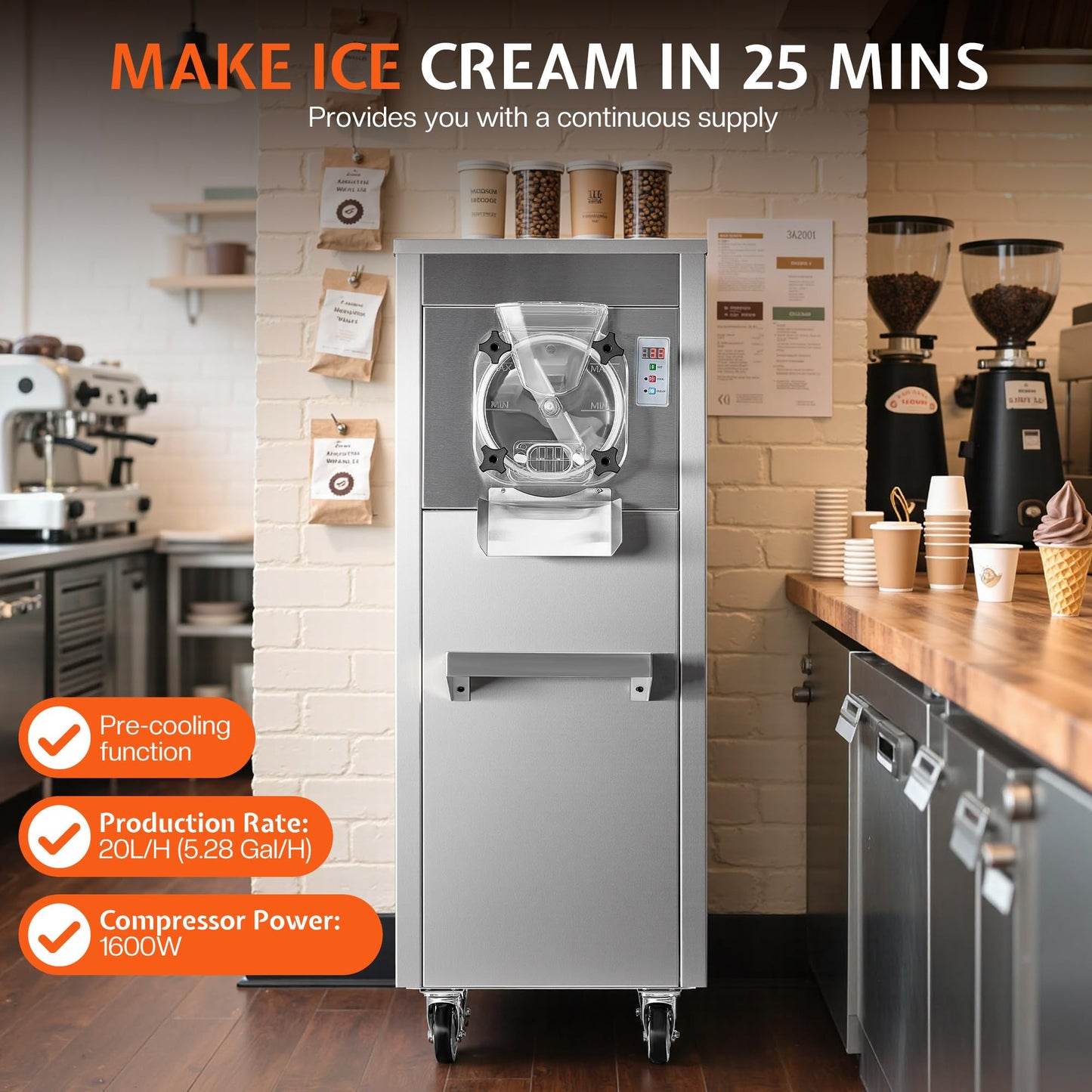 Jocisland 20L/H Commercial Hard Ice Cream Machine, 1600W Ice Cream Maker with 10L 304 Stainless Steel Cylinder, LED Panel, Auto Clean & Pre-Cooling for Restaurants & Snack Bars