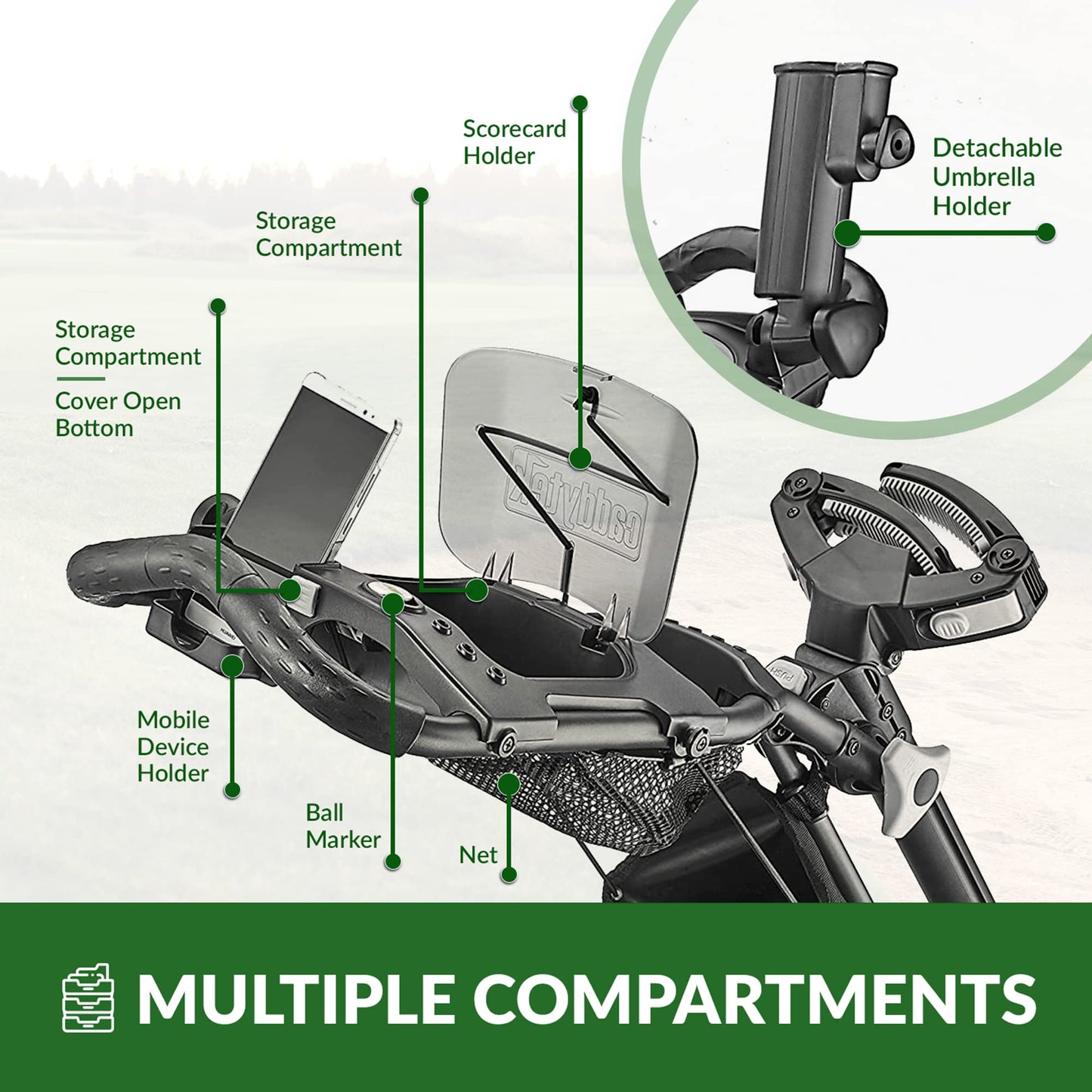 Caddytek CaddyLite EZ Fold V8 Golf Push Cart – Lightweight 3-Wheel Collapsible Trolley with Folding Button, Cooler Basket, Umbrella & Phone Holder, Magnetic Pad, Bag Straps