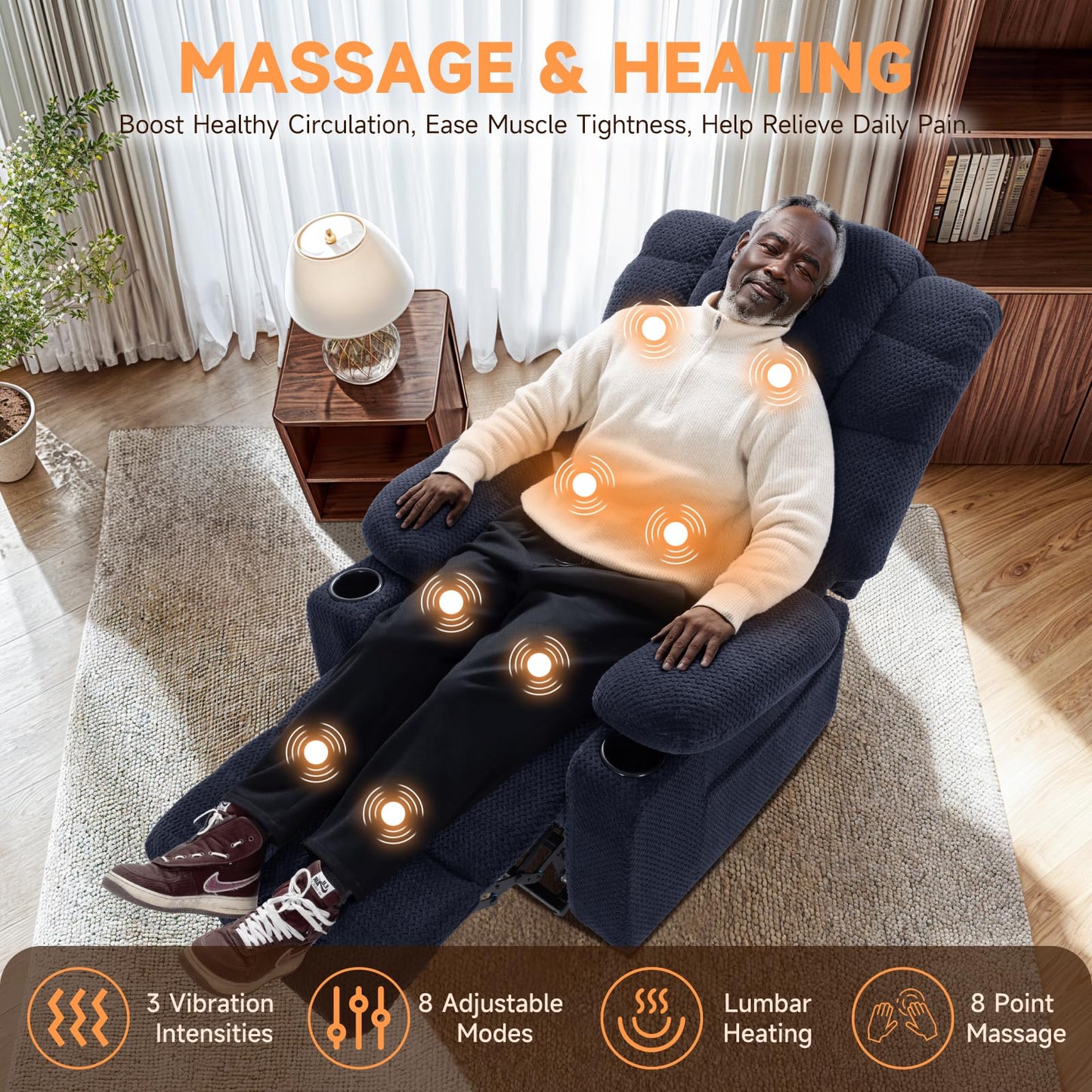 Cfvyne Power Lift Recliner Chair Sofa for Elderly with Massage and Heated, 3-Position, 2 Cup Holder, USB-A & USB-C, Soft Plush Fabric, Side Pocket Navy Blue