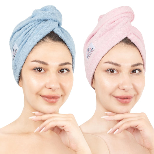 American Soft Linen 100% Cotton Hair Towels for Women, Head Towel Cap, Cotton Hair Turban Towel Wrap for Long Curly Anti Frizz Hair, Soft and Absorbent Cotton Hair Towels 2 Pack, Sky Blue-Pink