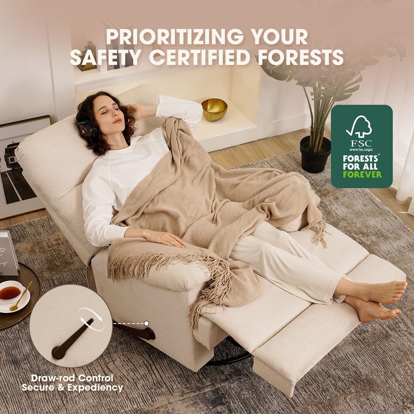 Divanus Large Glider Rocker Recliner,Beige Swivel Rocking Recliner Chair,Reclining Sofa Rocking Chair Nursery,23 Inches Deep Seat & 27 inches High Back,for Living Room, Bed Room‎ (Beige)