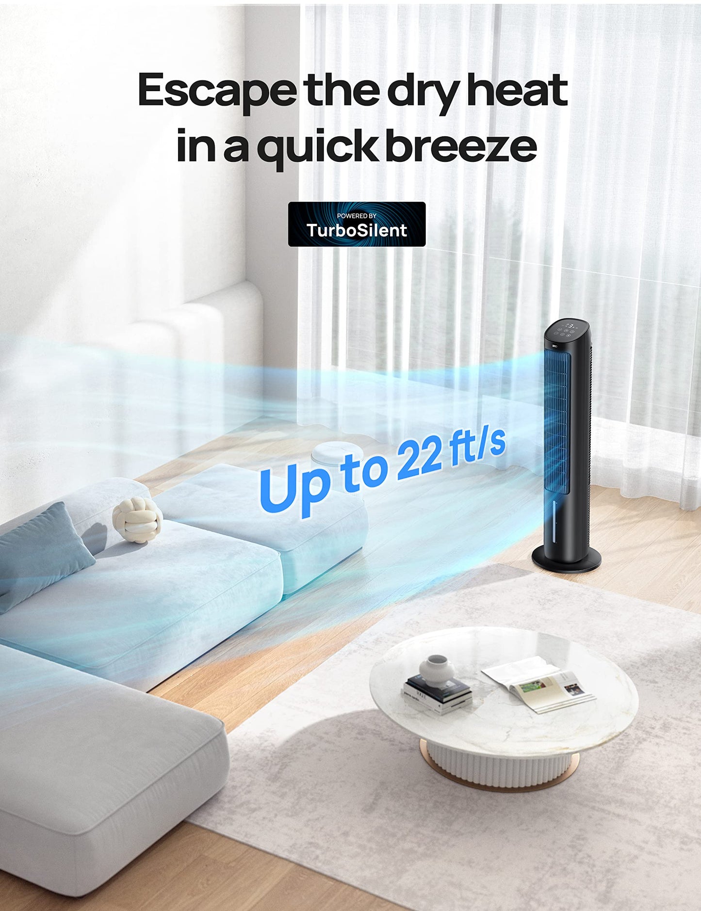 Dreo Tower Fan for Bedroom, 40" Evaporative Air Cooler, Cooling Fans That Blow Cold Air with 80° Oscillating, Removable Water Tank, 3 Modes 4-Speed, Remote Control, Quiet Floor Fan, 7H Timer，Black