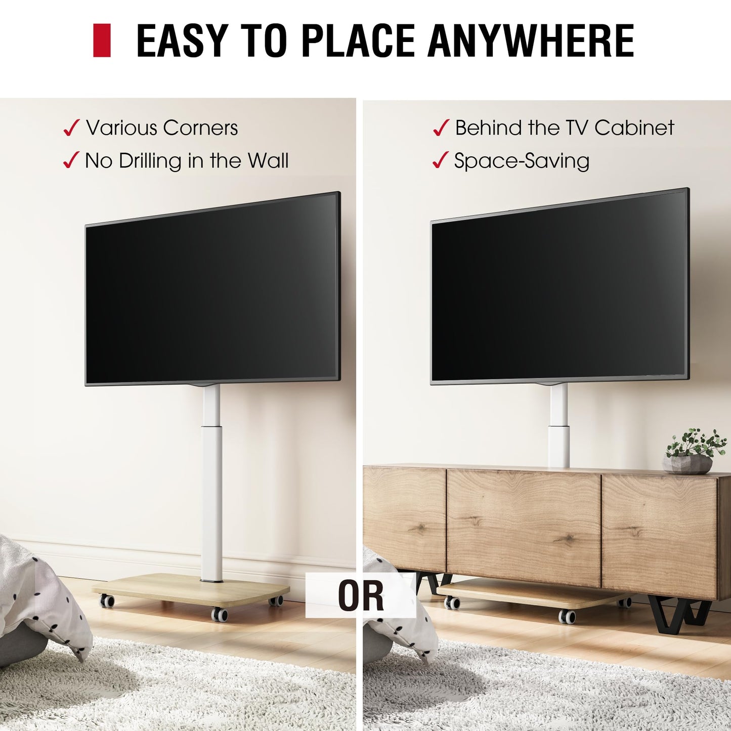 AOKCOS Rolling TV Stand for 43 50 55 60 65 70 75 Inch TVs, Portable Mobile TV Stand on Wheels, 10-Level Height Adjustable TV Cart with Swivel & Tilt Mount for Bedroom/Living Room/Office/Corner