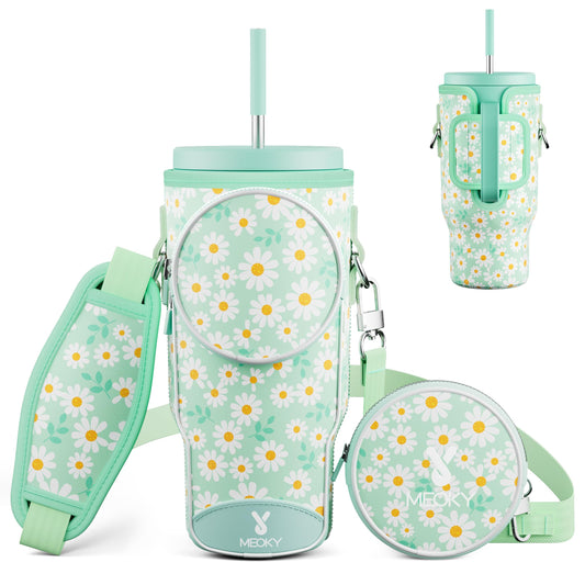Meoky Water Bottle Carrier Bag with Phone Pocket for 40 oz Tumbler with Handle, Neoprene Water Bottle Holder Pouch with Adjustable Strap, 2 Carabiner Clips (Daisy)