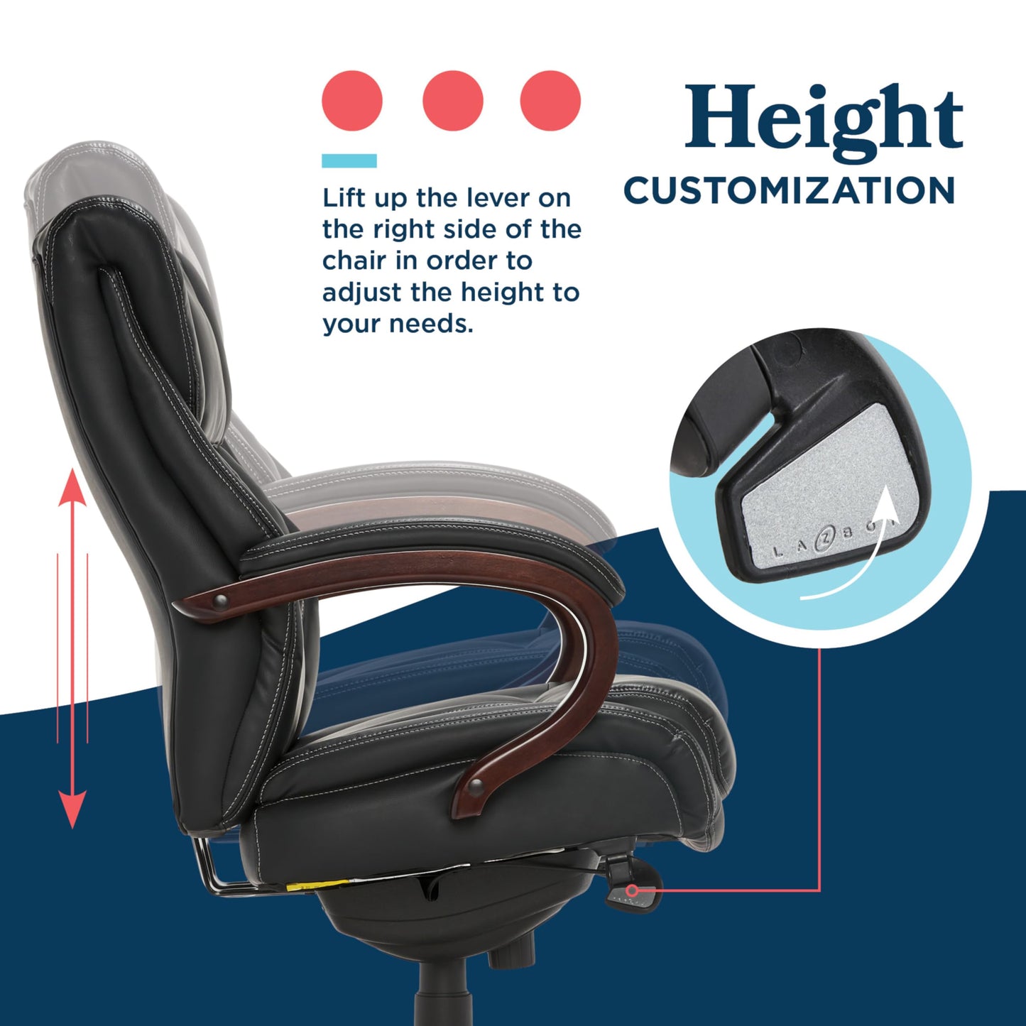 La-Z-Boy Bellamy Executive Office Chair with Memory Foam Cushions, Real Wood Arms and Swivel Base, Waterfall Seat Edge, Faux Bonded Leather, Black