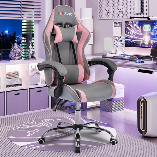 ALEAVIC Gaming Chair with Massager, Fabric Gaming Chairs for Adults, Ergonomic Gamer Chair with Adjustable Headrest and Lumbar Support, Reclining Computer Game Chair, High Back, Frost Pink