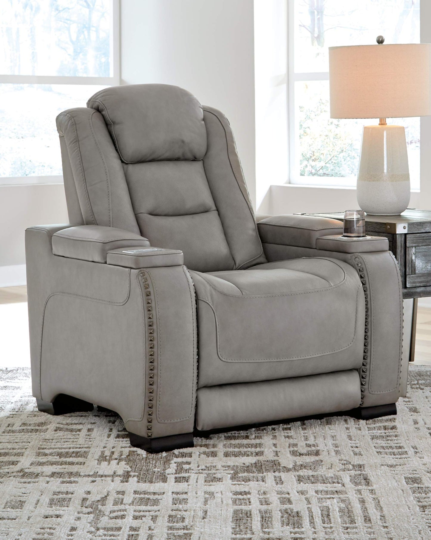 Signature Design by Ashley The Man-Den Leather Power Recliner with Adjustable Headrest & Wireless Charging, Gray