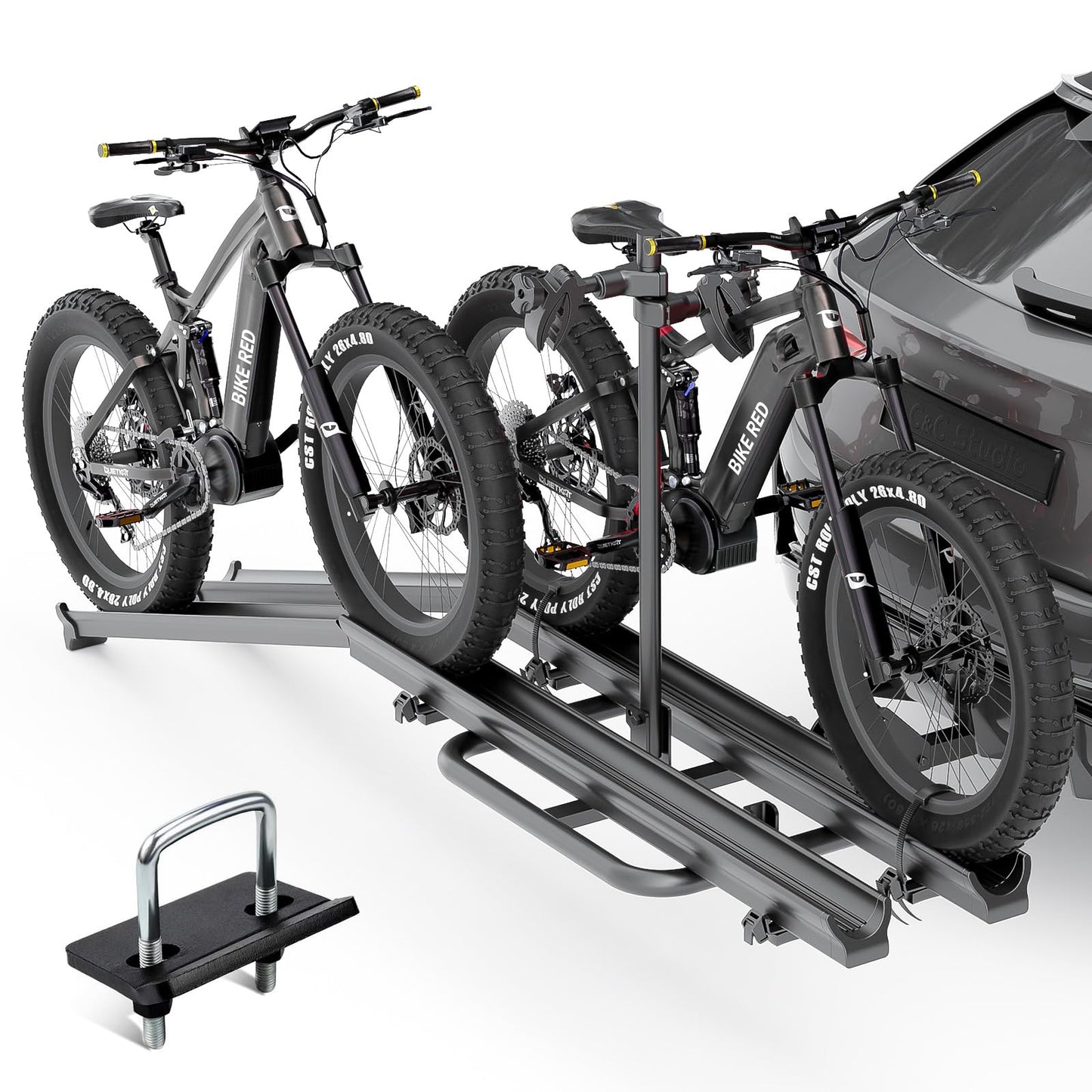 YZONA 2 EBike Rack with Ramp, up to 5" Fat Tire Carrier, Lockable & Foldable Electric Bicycles Racks, 200 LBS Capacity Bike Racks Platform for Standard, Fits 2" Hitch for SUVs Cars Trucks Vans