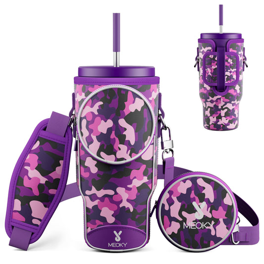 Meoky Water Bottle Carrier Bag with Phone Pocket for 40 oz Tumbler with Handle, Neoprene Water Bottle Holder Pouch with Adjustable Strap, 2 Carabiner Clips (Purple Mix)