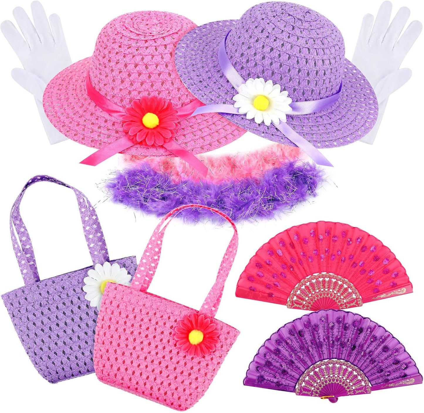 10 Pcs Girls Tea Party Set Includes Tea Party Hats Bonnets Fan Gloves Small Pink Purse Feather Boas Dress up Sets for Little Girls Kids Children Birthdays Easter Party Supplies Accessories