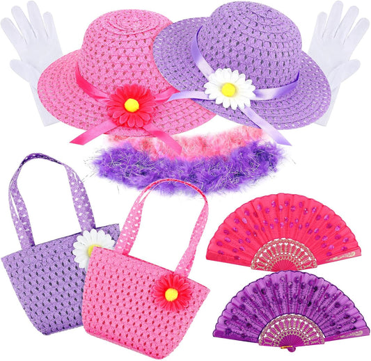 10 Pcs Girls Tea Party Set Includes Tea Party Hats Bonnets Fan Gloves Small Pink Purse Feather Boas Dress up Sets for Little Girls Kids Children Birthdays Easter Party Supplies Accessories