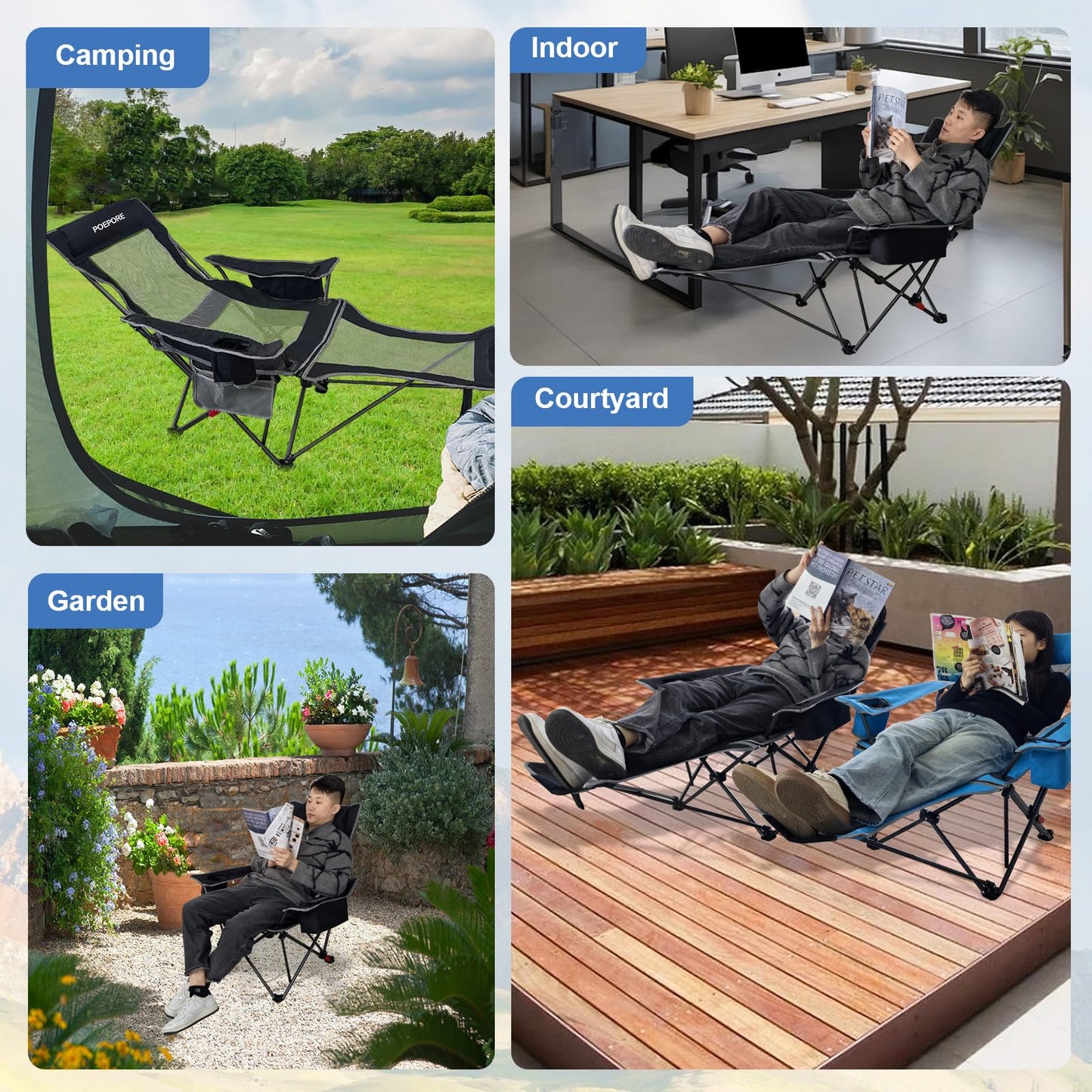 POEPORE 2-Pack Reclining Camping Chair 4 Position with Foot Rest Comfortable for Adults 265Ibs Folding Lounger Mesh Beach Chair with Cooler Bag and Cup Holder for Outdoor Patio