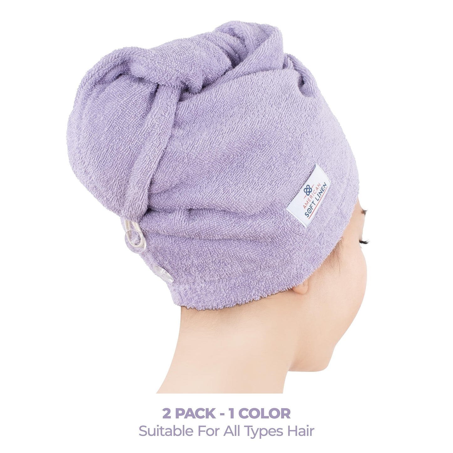 American Soft Linen 100% Cotton Hair Towels for Women, Head Towel Cap, Cotton Hair Turban Towel Wrap for Long Curly Anti Frizz Hair, Soft and Absorbent Cotton Hair Towels 2 Pack, Lilac