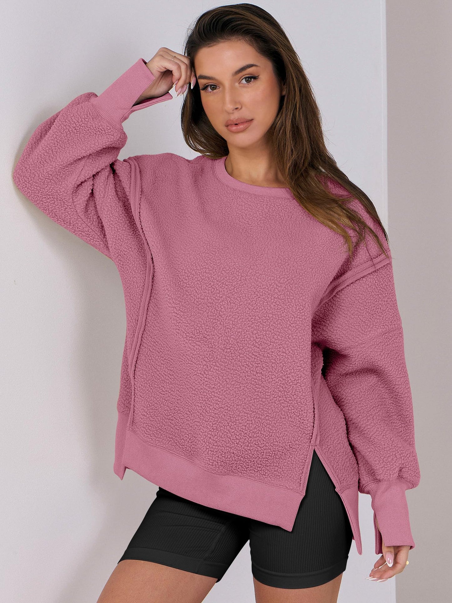 ANRABESS Womens Oversized Sherpa Sweaters Pullover Fuzzy Fleece Sweatshirts Crewneck 2024 Winter Long Sleeve Warm Outfits Pink Small