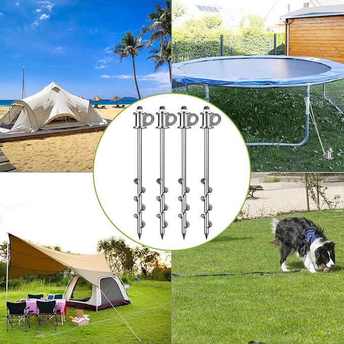 4 Pack Tent Stakes, 16 Inch Heavy Duty Ground Anchors, Full Welding, Easy to Screw in and Reusable, for Camping Tents, Trampolines, Sheds, Swing Sets, Securing Animals