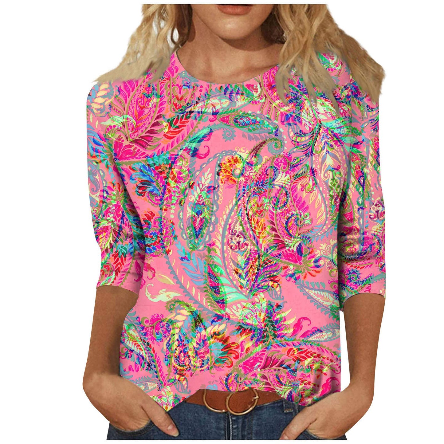 Sleeveless Plus Size Tops for Women 3/4 Length Sleeve Womens Tops 2024 Floral Print Vintage Casual Loose with Round Neck Plus Size Shirts