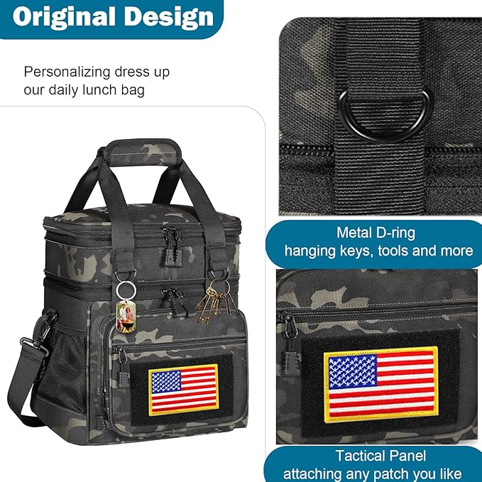 GLENKEY Double Deck Insulated Lunch Box, Expandable Large Lunch Bag Leakproof Cooler Bag Lunch Pail for Men Women Adults Work Shifts Travel Daytrip,16L,Black-Camo