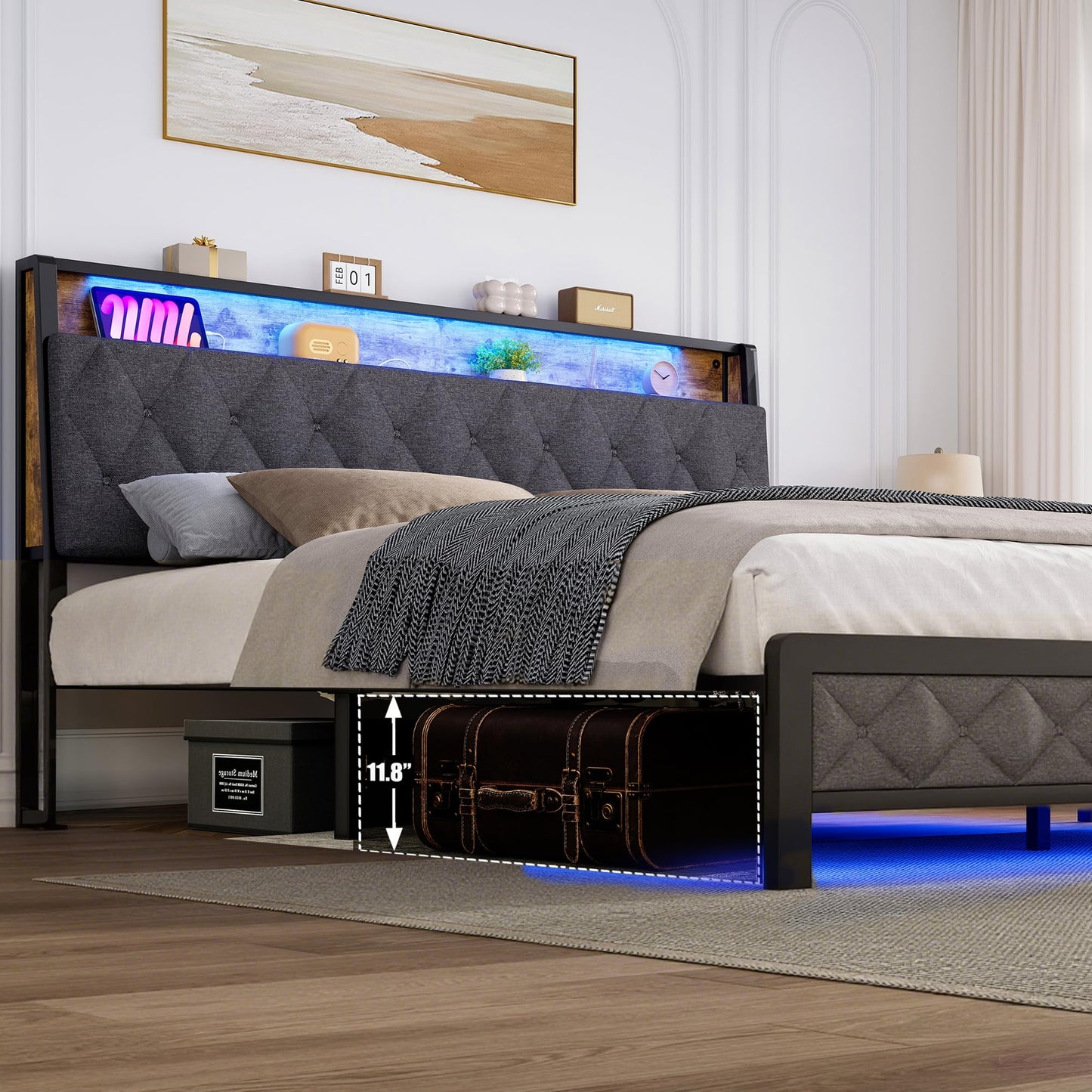 Ailisite Full Size Bed Frame with Storage Headboard and Charging Station, Led Bed Frame Full Size with Charging Station, Upholstered Platform Bed Frame with Hidden Storage, Easy Assembly, Dark Grey