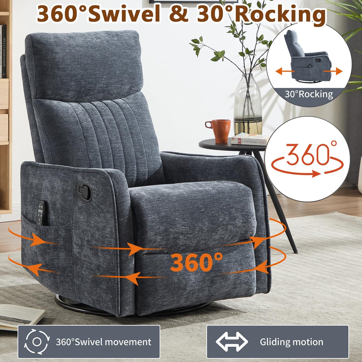 Massage Recliner Chair with Heat, Slim Recliners for for Adults, Swivel Rocking Chair Recliner with High Back, Small Recliner Chair for Small Spaces Living Room, Adjustable Footrest (Blue 2)