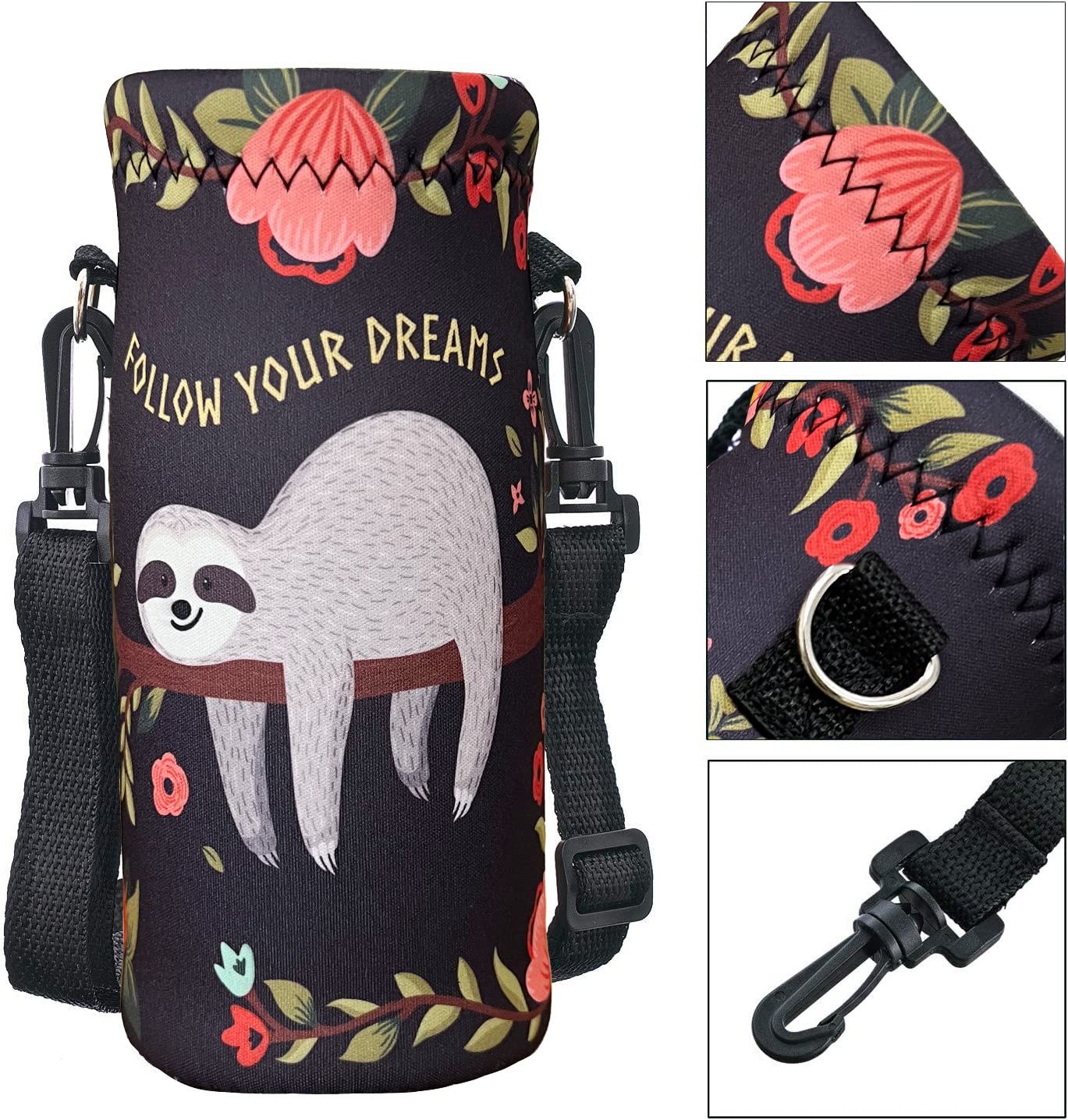 RICHEN Neoprene Water Bottle Carrier Bag with Adjustable Shoulder Strap,Insulated Water Bottle Cover for 500ml/16oz Stainless Steel/Glass/Plastic Bottles (Sloth,500ML)