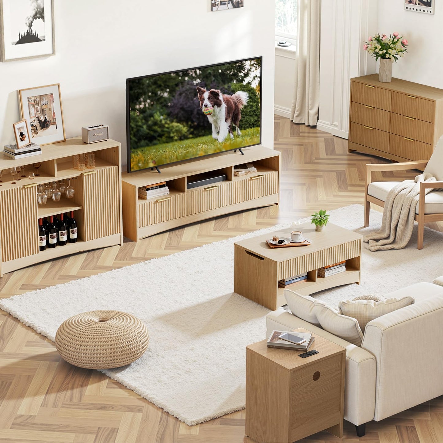 Amada Coffee Table Fluted Lift Top, 35.2" Wood Table with Storage Shelf & Hidden Compartment, Modern Rectangle Center Table for Living Room, Sturdy & Multi-Functional, Holds Up to 220LBS, Natural Oak