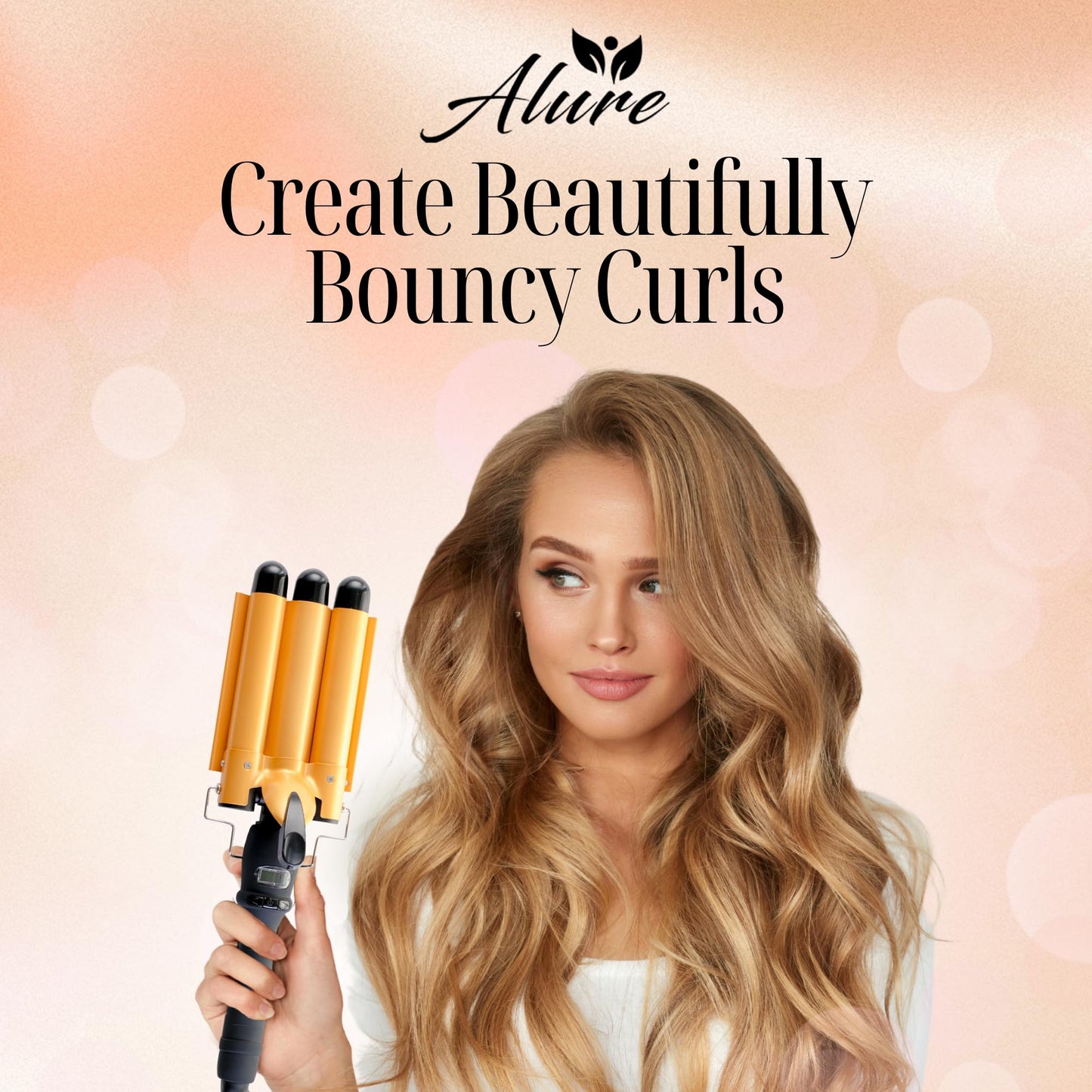Alure Three Barrel Curling Iron Wand Hair Waver with LCD Temperature Display - 1 Inch Ceramic Tourmaline Triple Barrels, Dual Voltage Crimp (zGold)