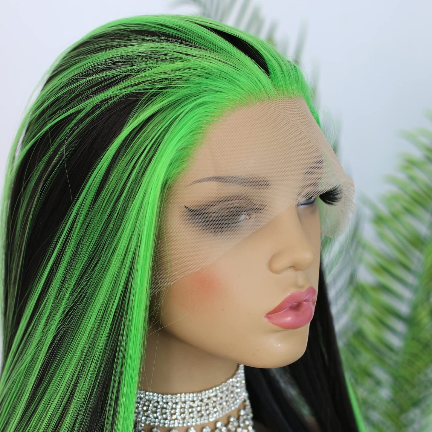 ANDRIA Lace Front Wigs Straight Hair Glueless Lace Wigs Synthetic Long Silk Straight Natural Wig Heat Resistant Fiber Black and Green Skunk Stripe Colorful Wig With Baby Hair For Black Women 24 Inches