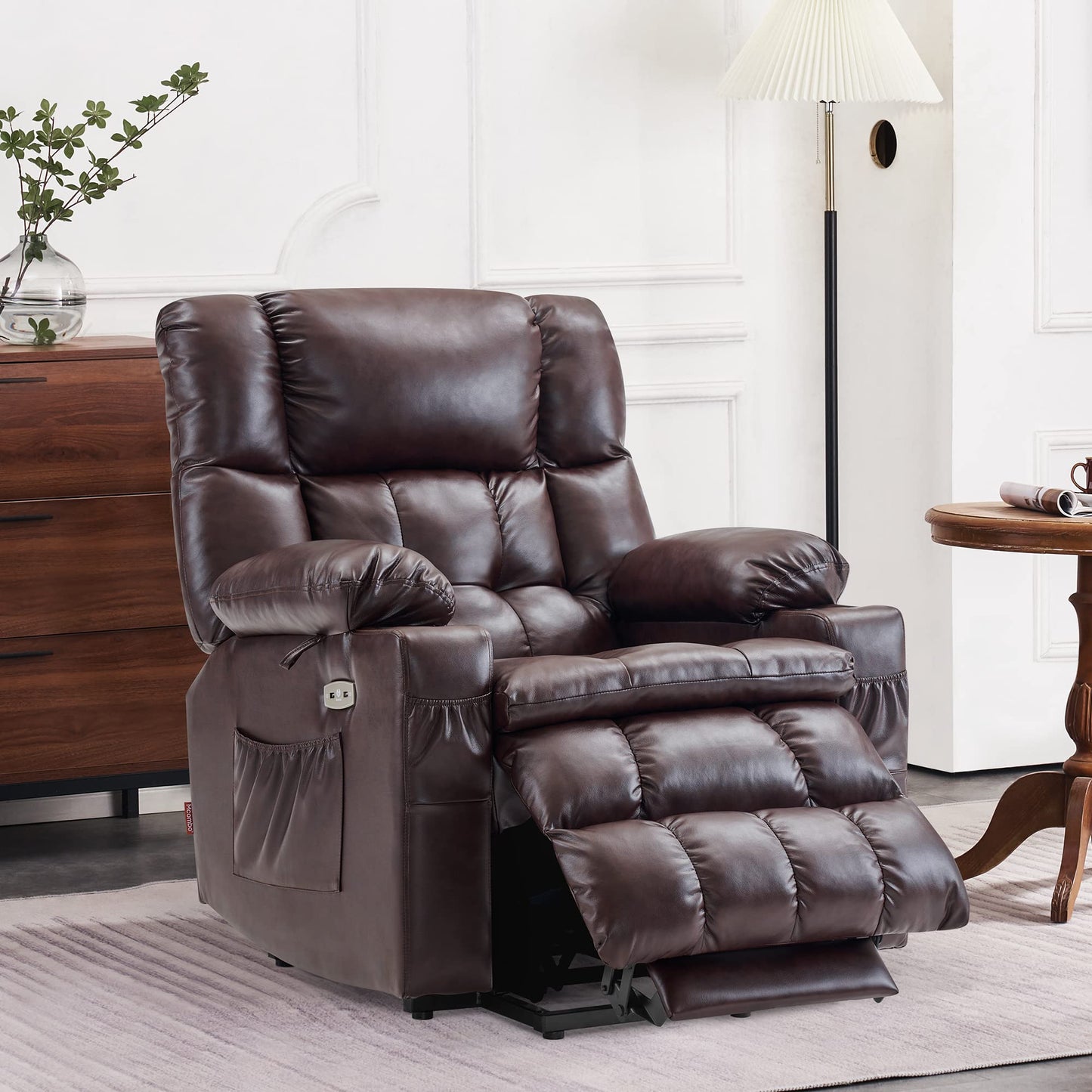 MCombo Dual Motor Power Lift Recliner Chair for Elderly, Lay Flat Lift Chair with Heat and Massage, Cup Holders, USB Ports, Faux Leather 7890 (Dark Brown, Medium)