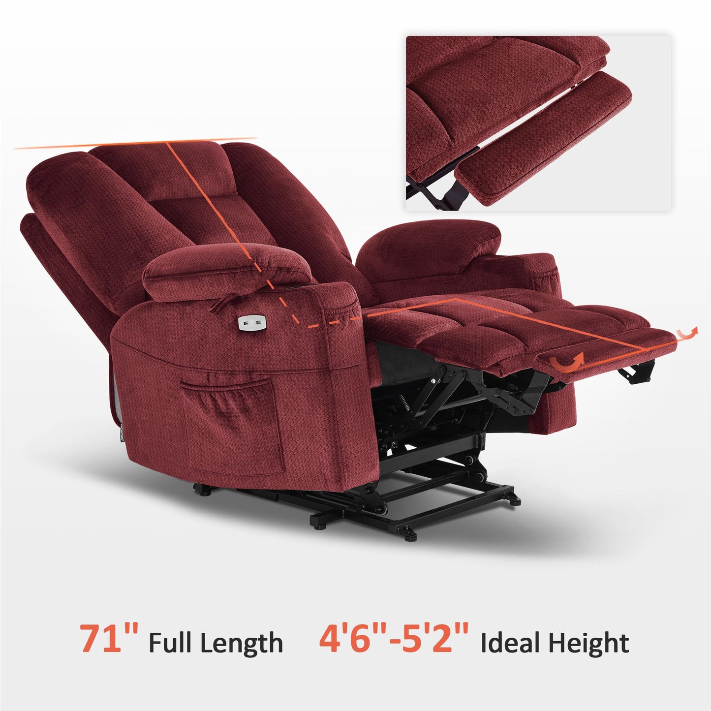 MCombo Oversized Power Lift Recliner Chair Sofa with Massage and Heat for Elderly People Petite, USB Ports, Side Pockets, Fabric R7561 (Burgundy, Small-Oversize)