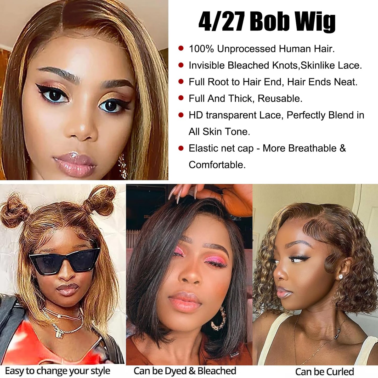 10 Inch Highlight Ombre Lace Front Wig Human Hair Glueless Bob Wigs Human Hair Pre Plucked, 4/27 Highlighted Honey Blonde HD Lace Front Wigs Human Hair Wigs For Black Women 180 Density
