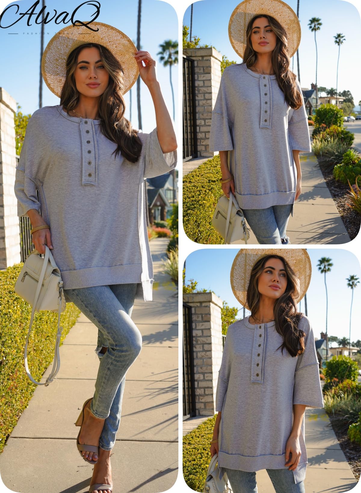 AlvaQ Women Short Sleeve Sweatshirt for Summer Henley Neck Tunic Tops Casual Loose Basic Tee Shirts 2024 Trendy Clothes Gray Large