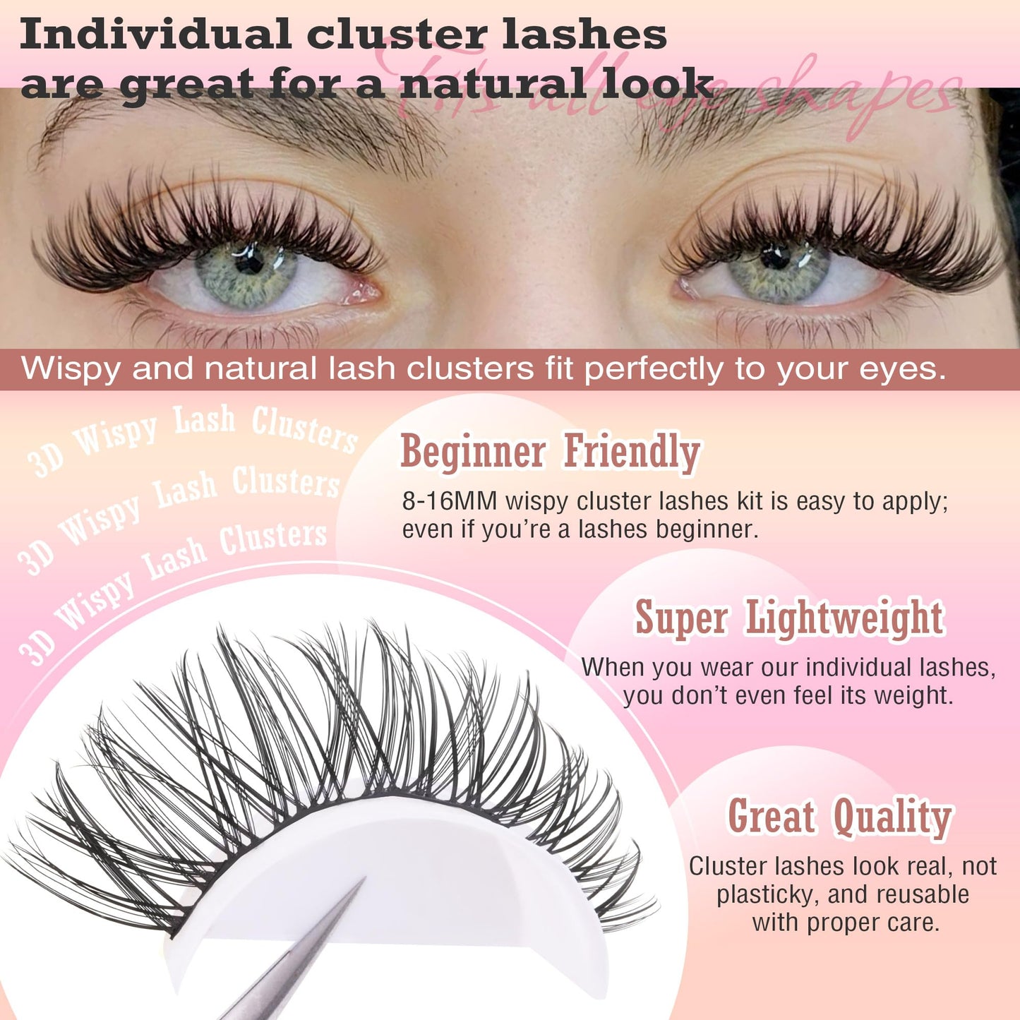 Natural Lash Extension Kit 8-16mm Lash Clusters Wispy Eyelash Clusters Waterproof Lash Clusters C Curl Cluster 144pcs with Bond and Seal Lash Glue and Eyelash Extension Tweezers DIY at Home