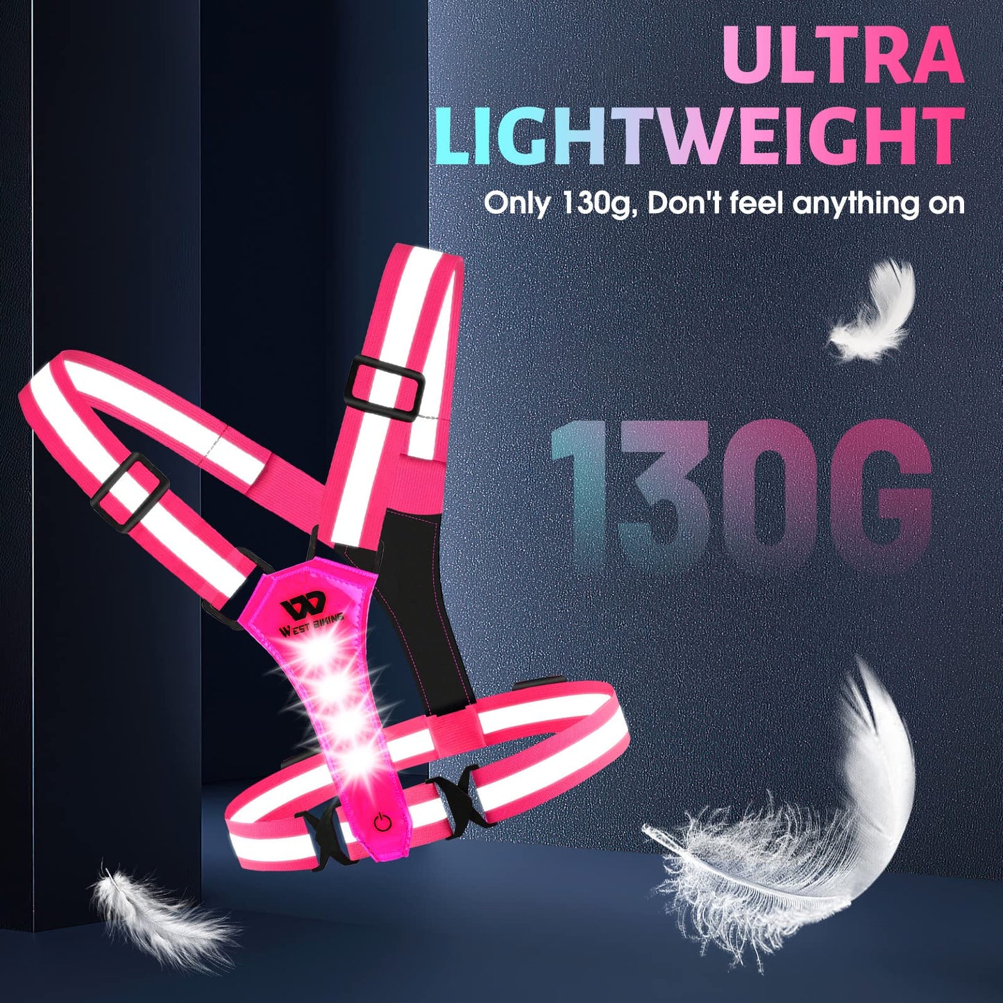 West Biking Running Vest Light - Led Running Reflective Gear for Walking at Night, High Visibility Night Rechargeable Light Up Running Vest, Adjustable Running Lights for Runners (Pink)