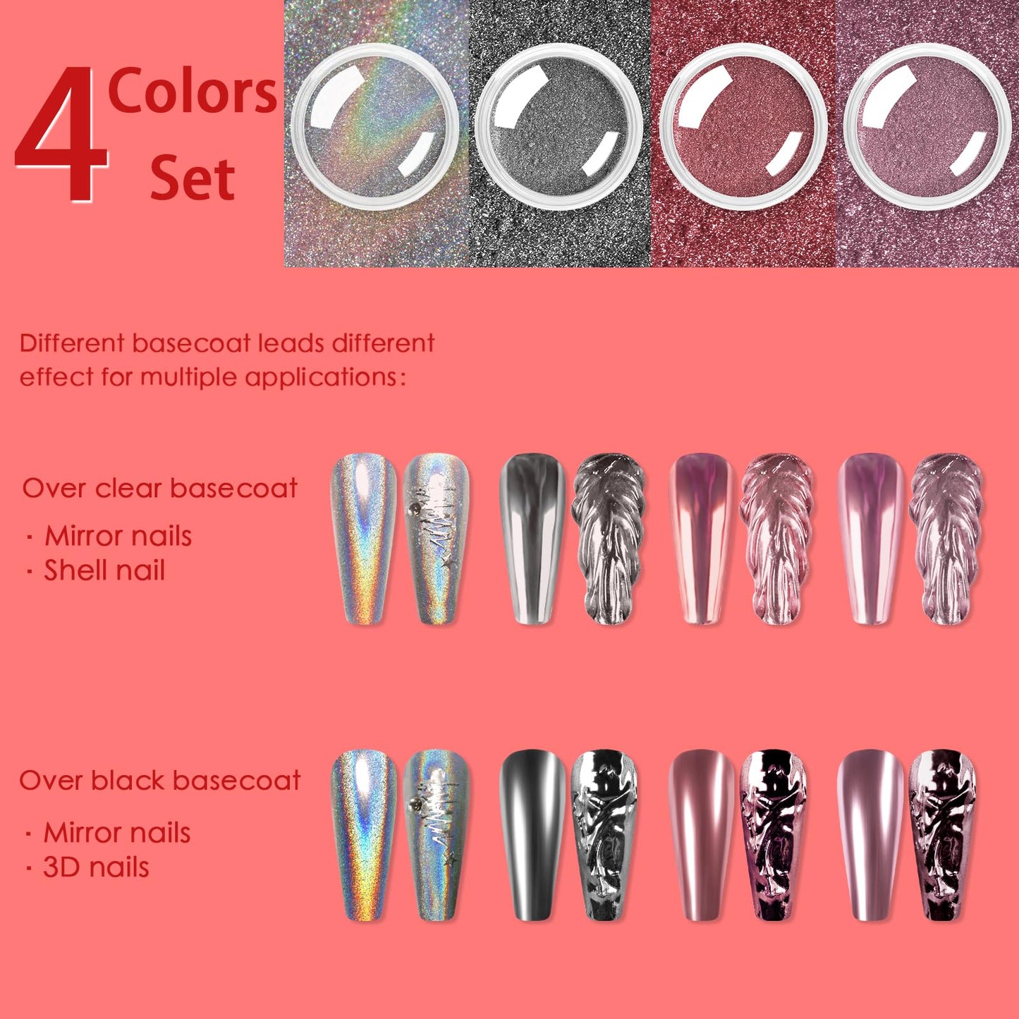 Allstarry Chrome Nail Powder, Metallic Mirror Effect Pigment Chrome Holographic Nail Glitter Magic Unicorn Glitter Dust Kit for Manicure Valentines Nail Art Decoration- Pink Silver Grey Series