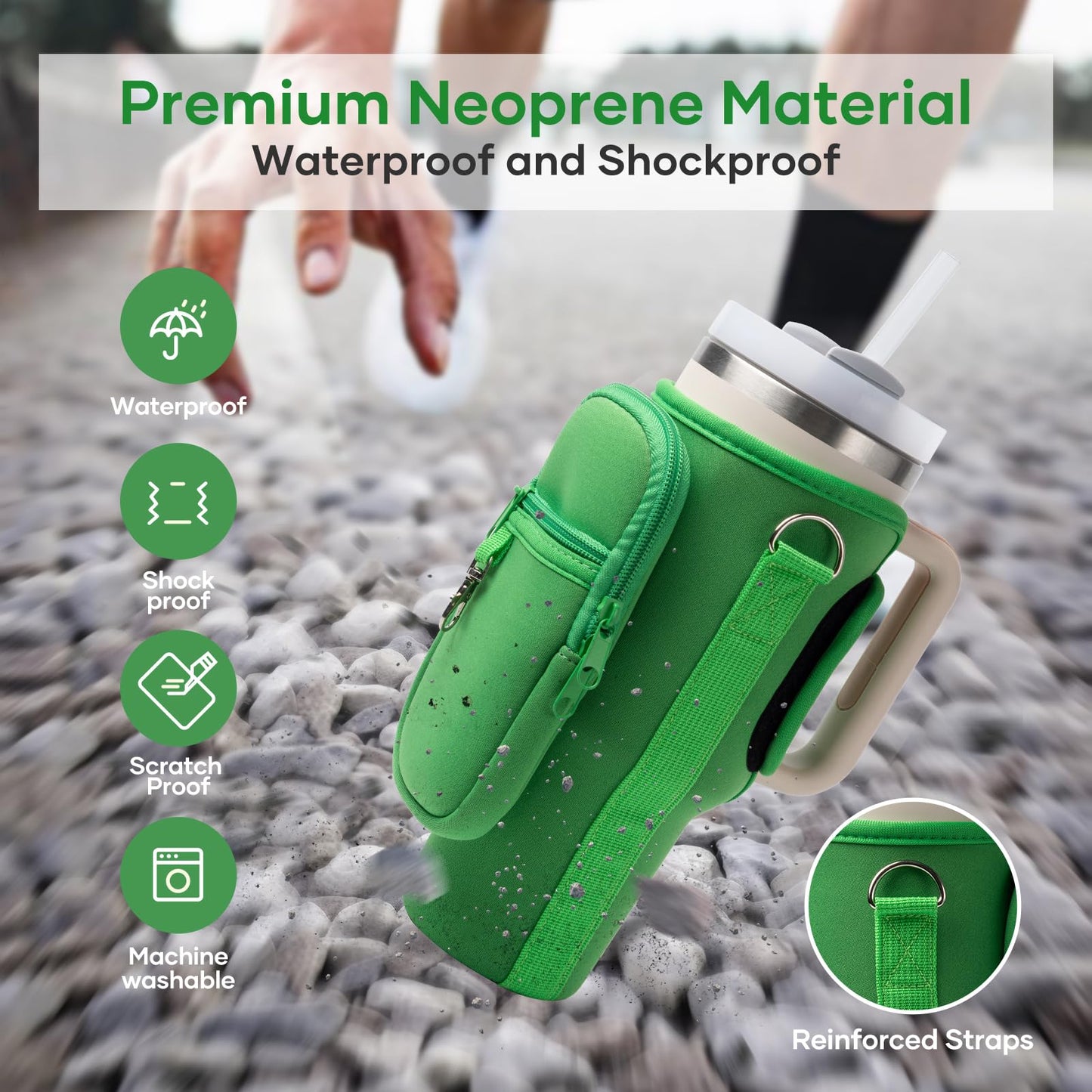 linmaya Water Bottle Carrier Bag with Phone Pocket for Stanley 40/30 oz Tumbler Neoprene Water Bottle Holder Pouch with 2 Adjustable Strap & 3 Leak Stoppers for Stanley Cup Accessories