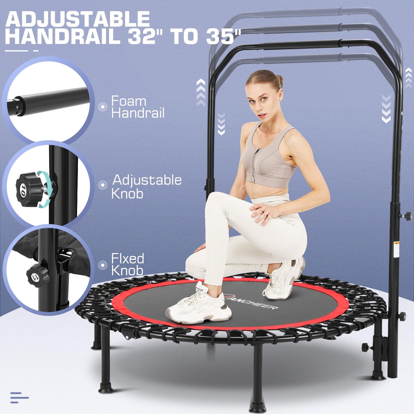 ANCHEER Foldable Mini Trampoline,40" Trampoline for Adults,Fitness Rebounder with Adjustable Foam Handle.Exercise Trampoline for Kids Indoor/Garden