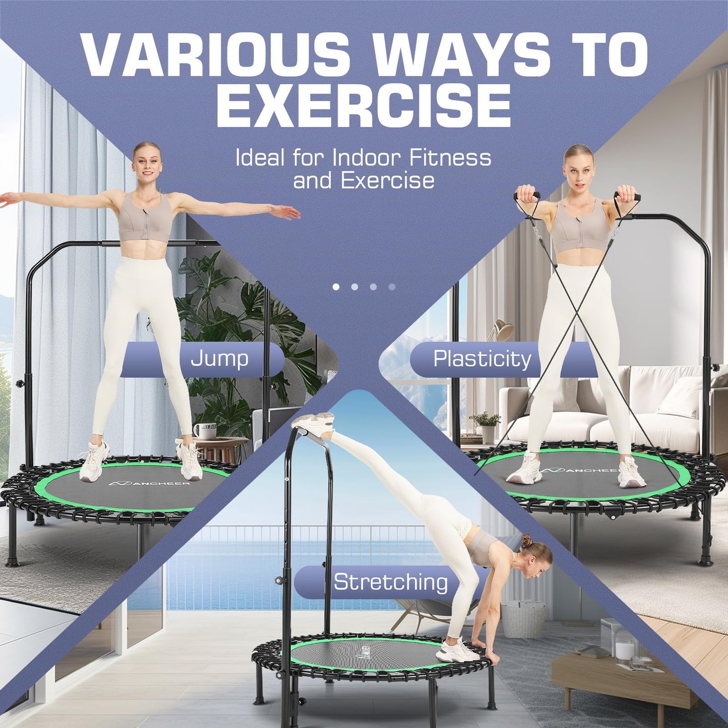 ANCHEER 40" Foldable Mini Trampoline - Max Load 350lbs - 450lbs Indoor Trampoline - with 4 Level Adjustable Foam Handle and Resistance Bands - Adult Exercise Trampoline for Home, Gym and Garden