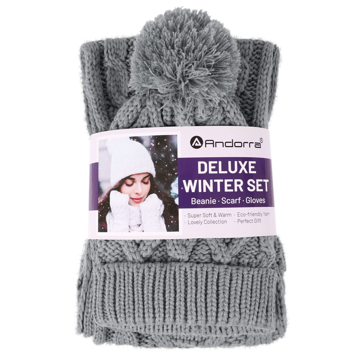 ANDORRA Women Soft Warm Thick Knitted Beanie Scarf & Gloves Winter Set,Grey